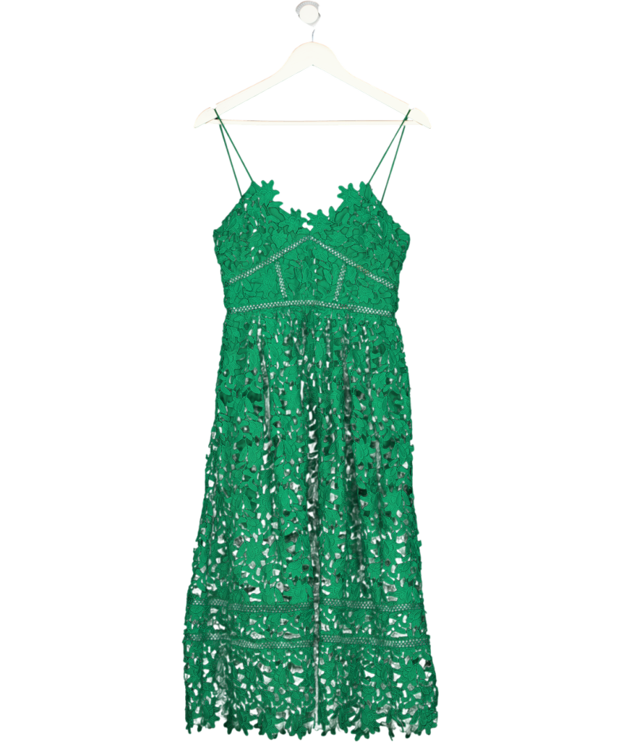 SELF PORTRAIT Emerald Green Azaelea Floral-embroidered Woven Midi Dress UK 10