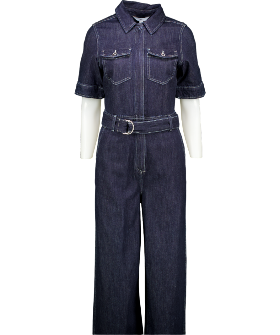 M&S Blue Denim Belted Wide Leg Utility Jumpsuit UK 8