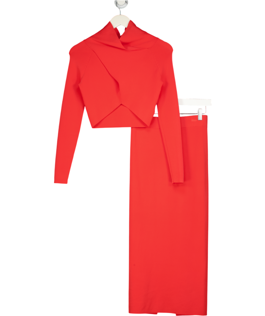 REISS 2-piece High Neck Cropped Top  And Midi Skirt In Coral Red UK S