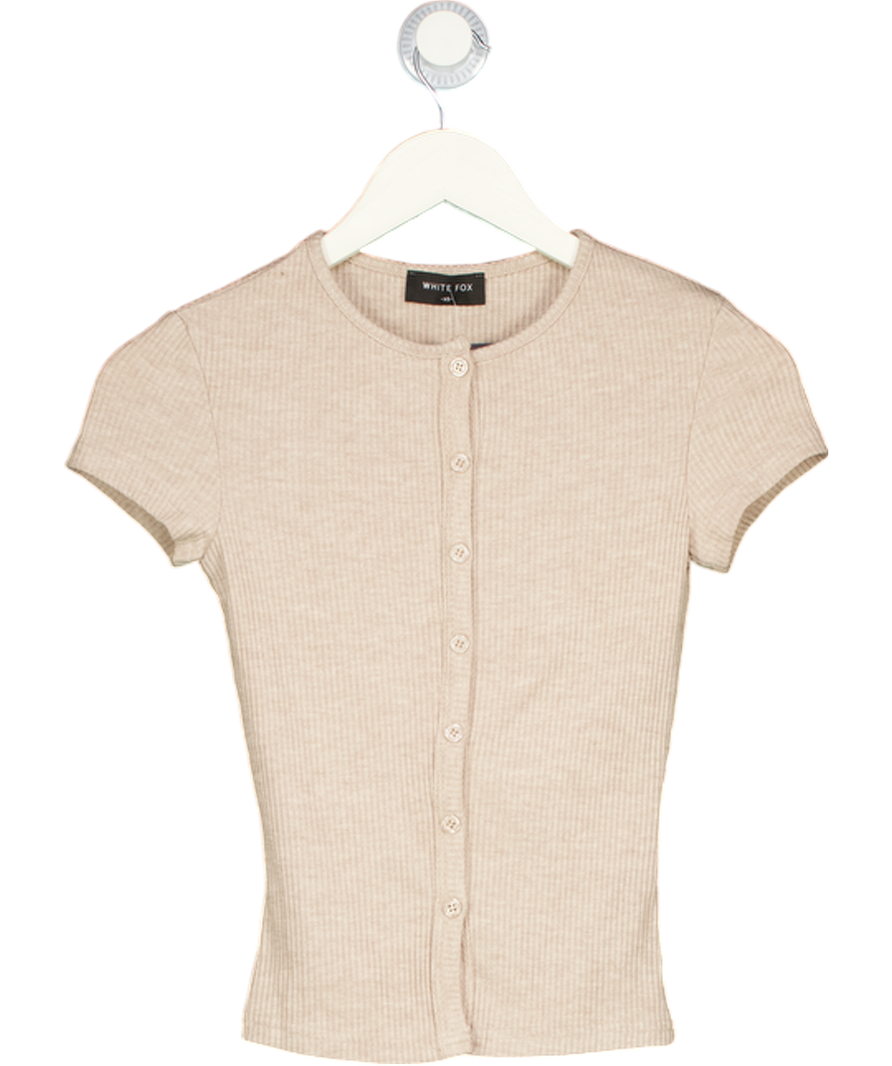 WHITE FOX Beige Ribbed Button Through Top UK XS