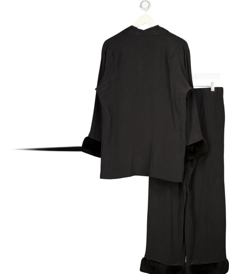 OLIVIA VON HALLE Black Casablanca Riri Faux Fur-trimmed Silk Crepe De Chine Pajama Set UK M