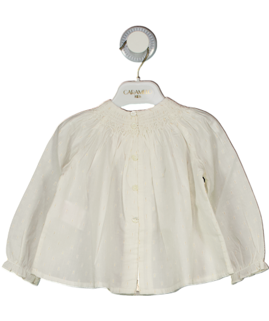 Bonpoint White Organic Cotton Smocked Blouse With Gold Metallic Fleck 9-12 Months