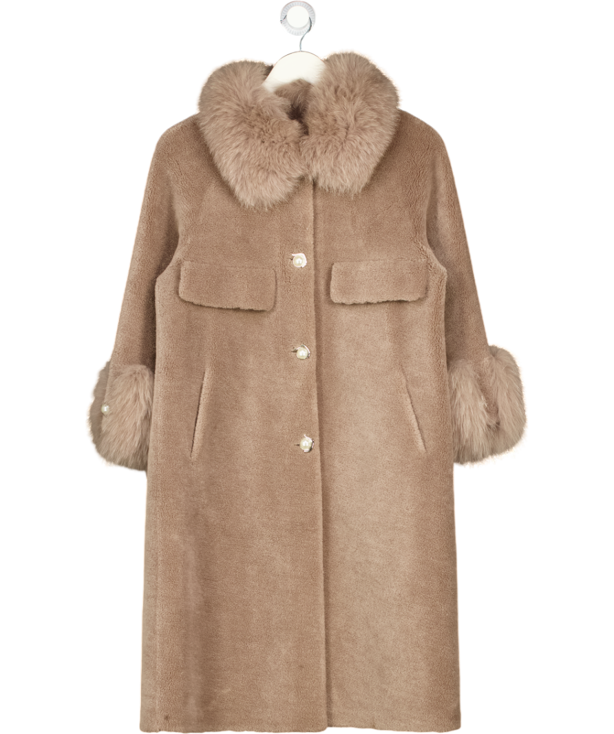 SANTINNI Taupe Beige Wool Shearling And Fox Fur Coat UK XS/S