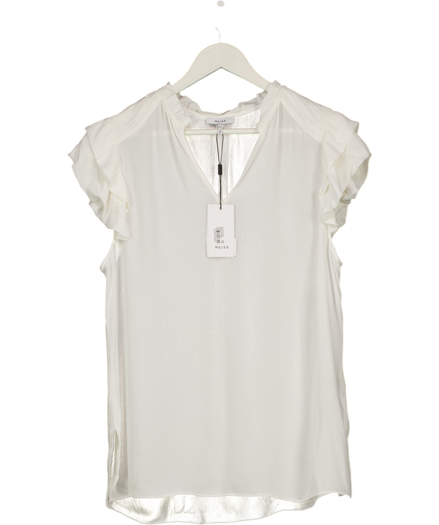 REISS White Bella Ruffle Sleeve V-neck Top UK 16