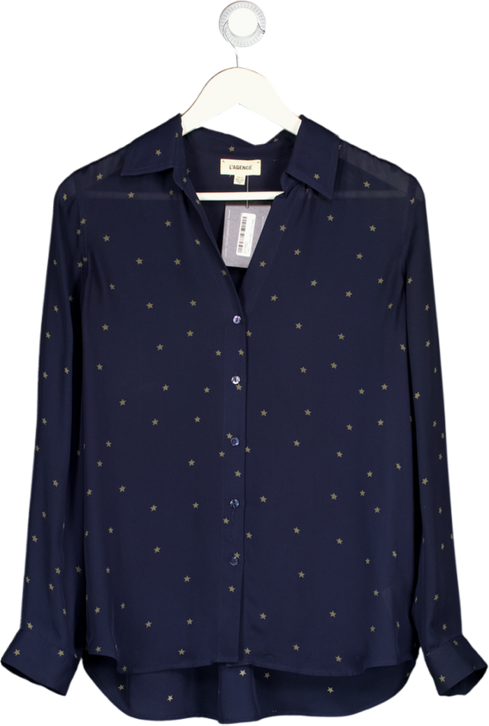 L'AGENCE Navy Blue 100% Silk Star Print Shirt UK XS