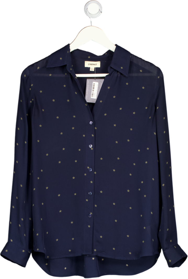 L'AGENCE Navy Blue 100% Silk Star Print Shirt UK XS