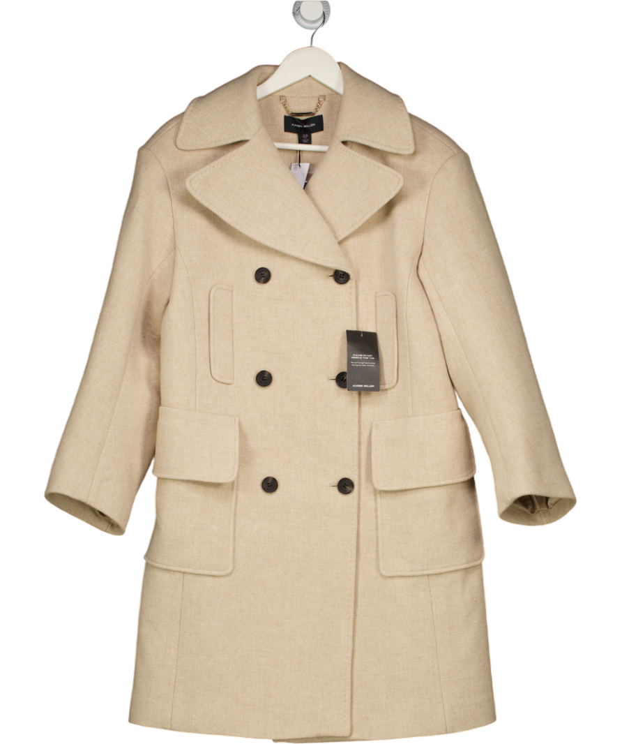 KAREN MILLEN Beige Wool Blend Patch Pocket Tailored Midi Coat UK 10