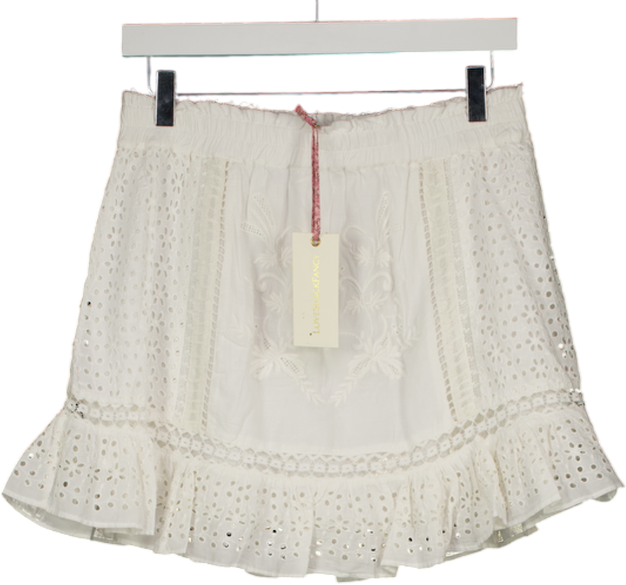 LOVESHACKFANCY Antique White Broderie Embroidered Baydar Mini Skirt UK L