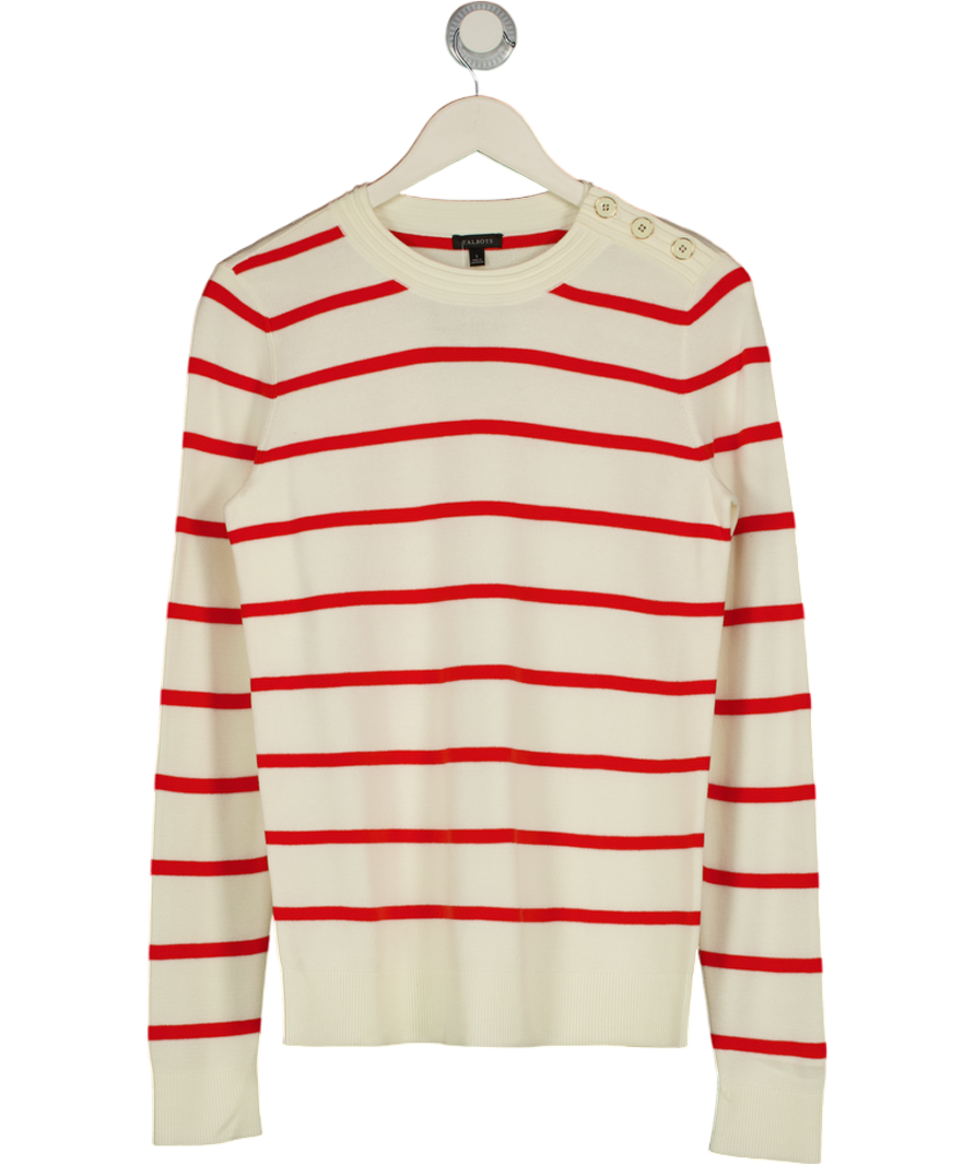 TALBOTS Cream / Red Button Detail Striped Crewneck Jumper UK S