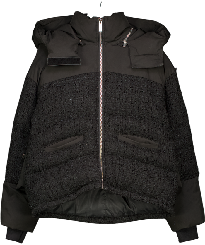 MANIERE DE VOIR Black Boucle Panel Puffer Coat With Detachable Hood UK S