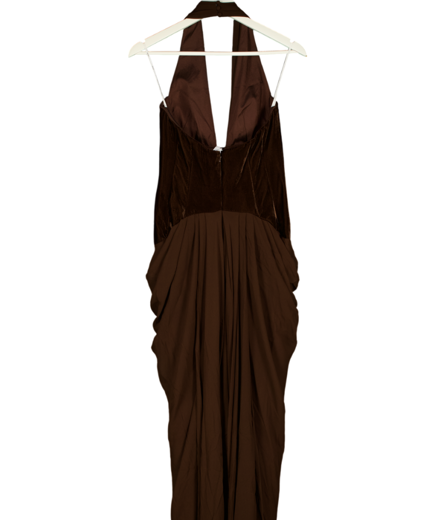 ARRANGE Velvet Plunge Halter Cinch Waist Maxi Dress With Train In Chocolate Brown UK 8