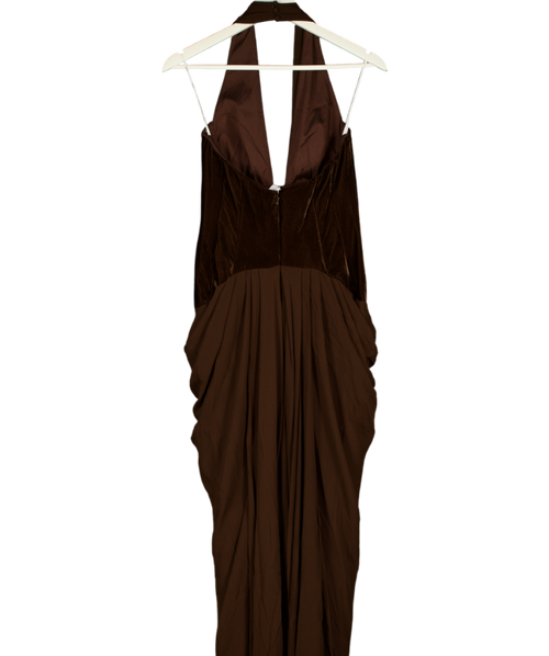 ARRANGE Velvet Plunge Halter Cinch Waist Maxi Dress With Train In Chocolate Brown UK 8