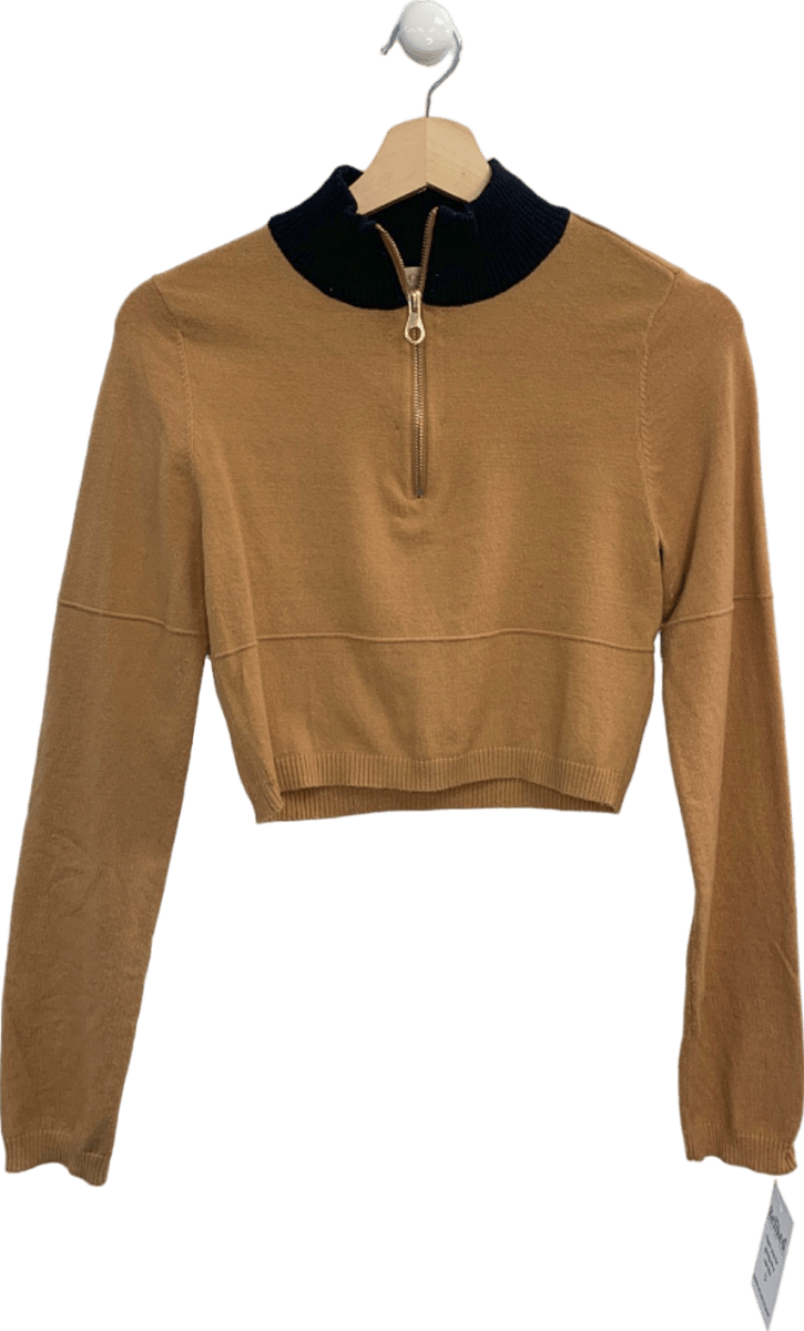 Camila Coelho Camel Cropped Zip - Up Sweater UK S - Reliked