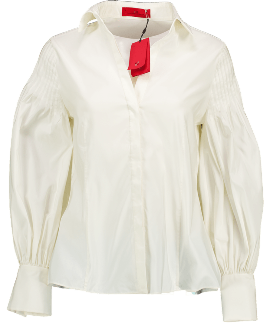 Carolina Herrera Ivory White Taffeta Pintuck Sleeve Shirt UK 6 - Reliked