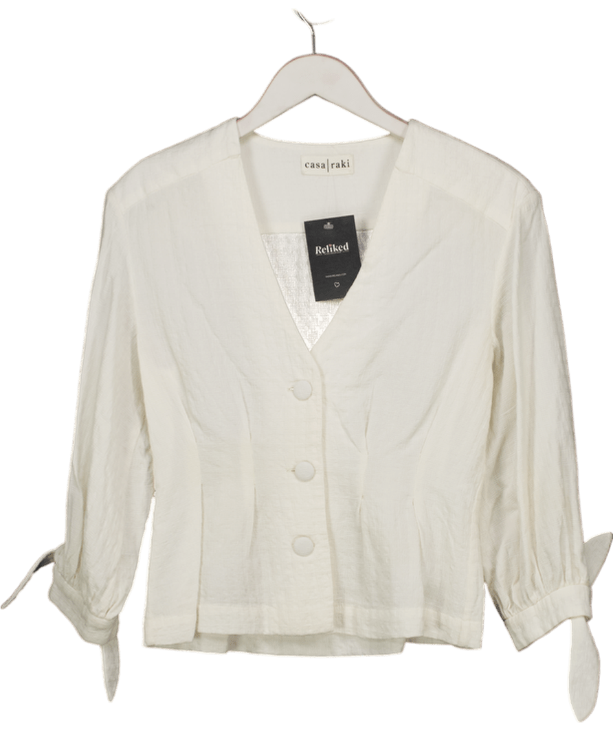 Casa Raki Cream Cayetana V - neck Organic - cotton Blouse UK S - Reliked
