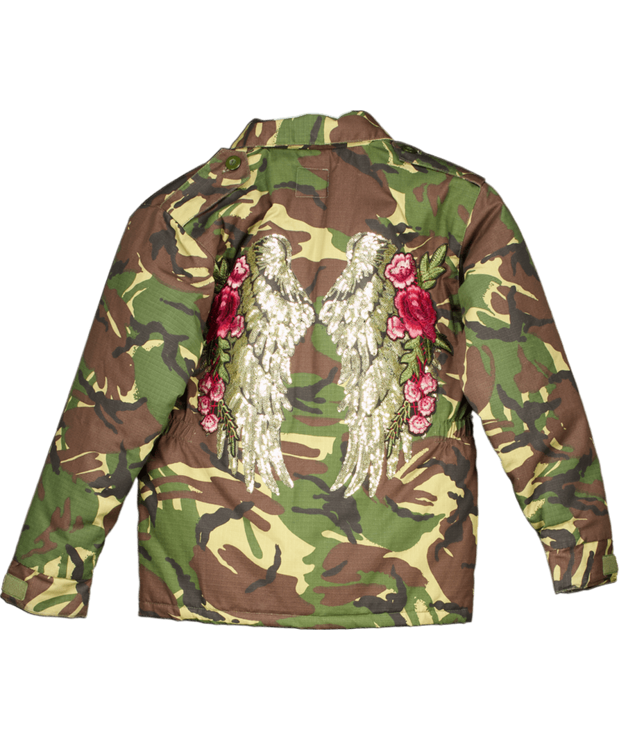Cat in the Hood Green Gold Wings And Roses Camo Jacket 9 Years - Reliked