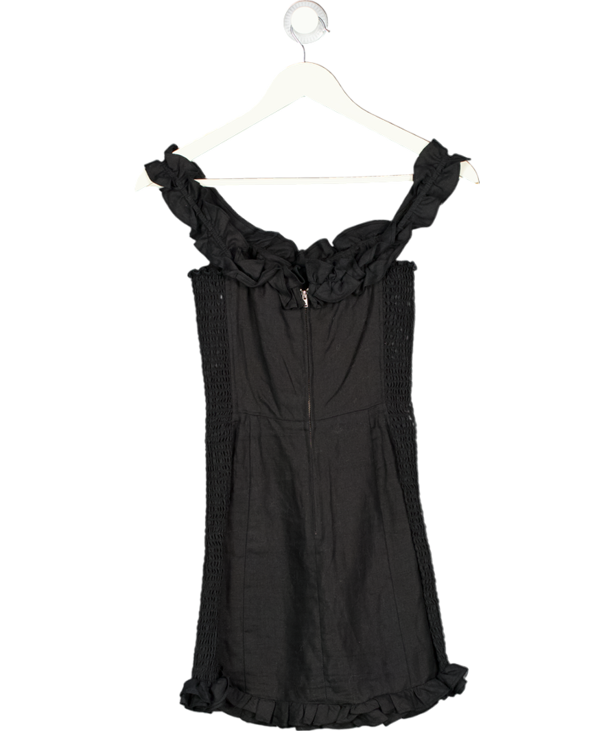 REFORMATION Black 100% Linen Shirred Frill Detail Mini Dress UK 4