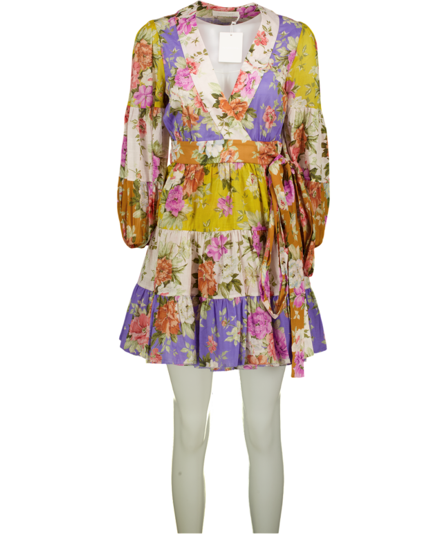 ZIMMERMANN Pattie Belted Floral-print Cotton-voile Wrap Mini Dress UK 8