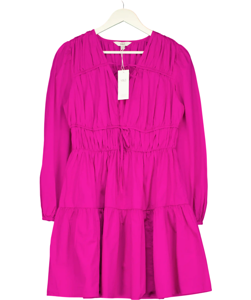 M&S Collection Pure Cotton V-neck Mini Waisted Dress Pink UK 10