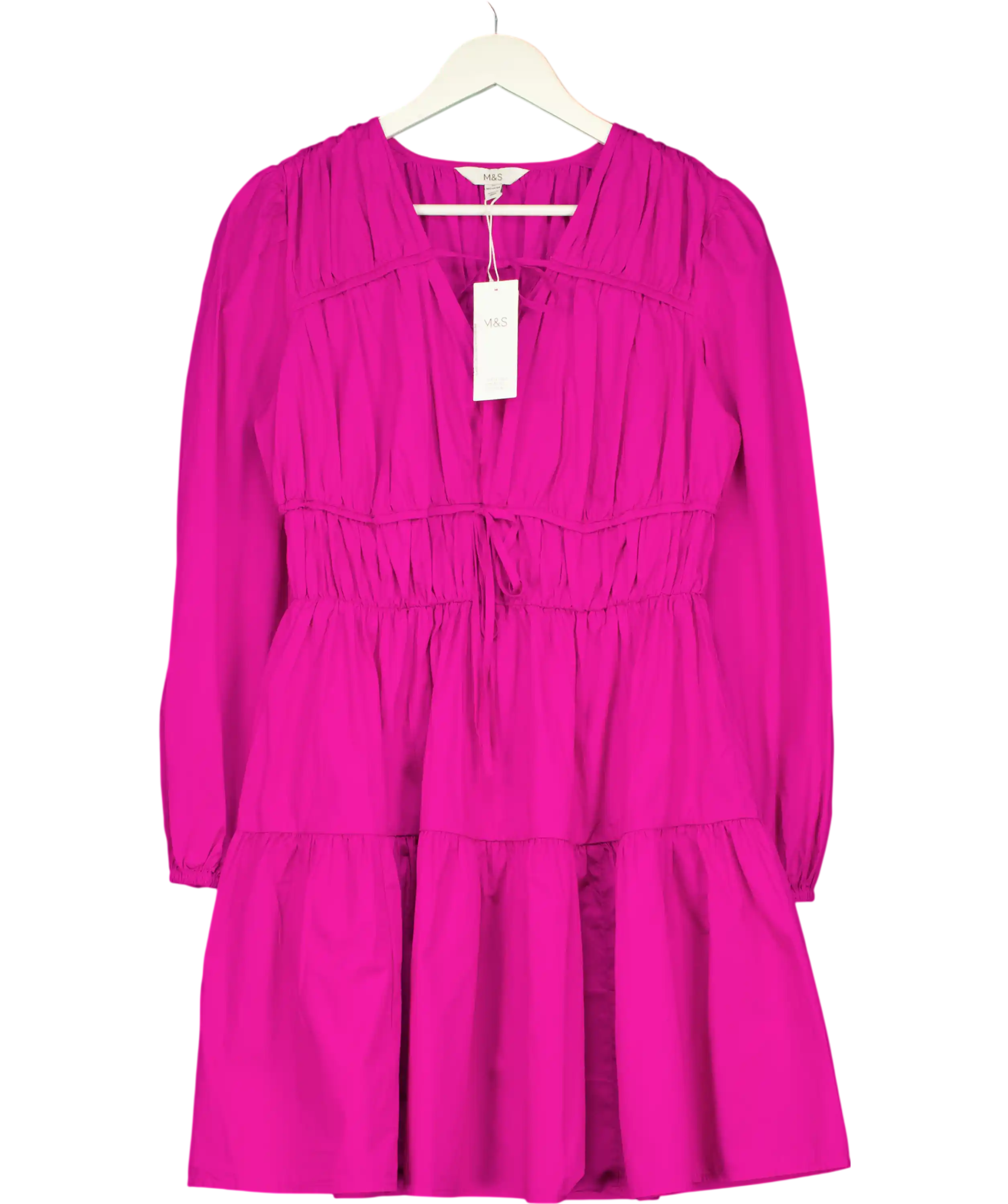 M&S Collection Pure Cotton V-neck Mini Waisted Dress Pink UK 10
