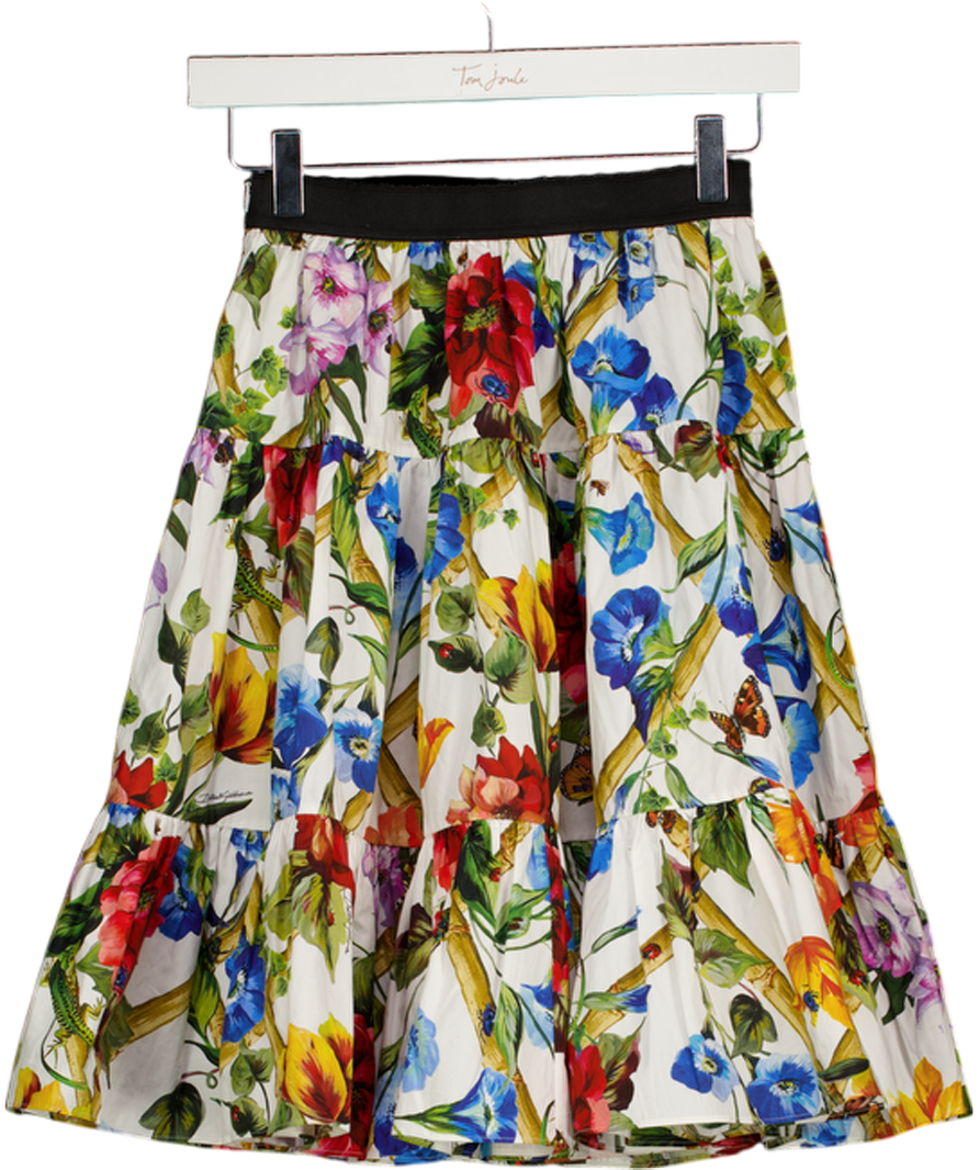 DOLCE & GABBANA Multicoloured Floral Cotton Poplin Tiered Knee Length Skirt UK 6