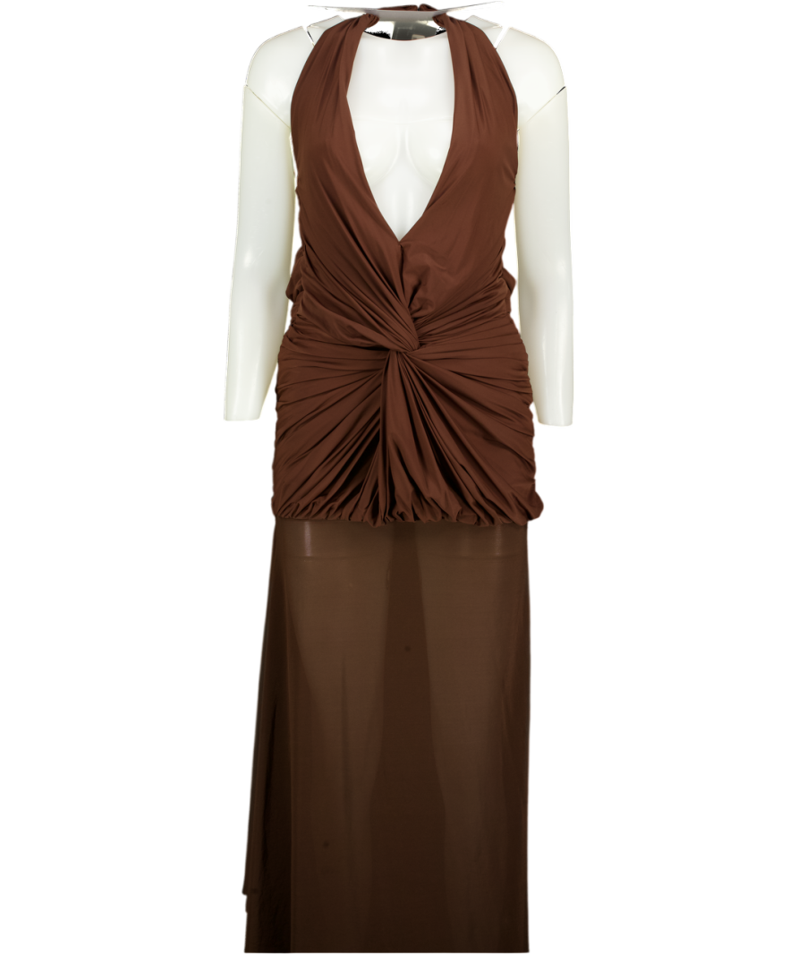 Deme by Gabriella Espresso Brown Lycra Twisted Draped Gown UK S