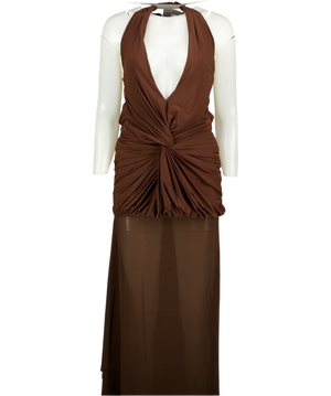 Deme by Gabriella Espresso Brown Lycra Twisted Draped Gown UK S