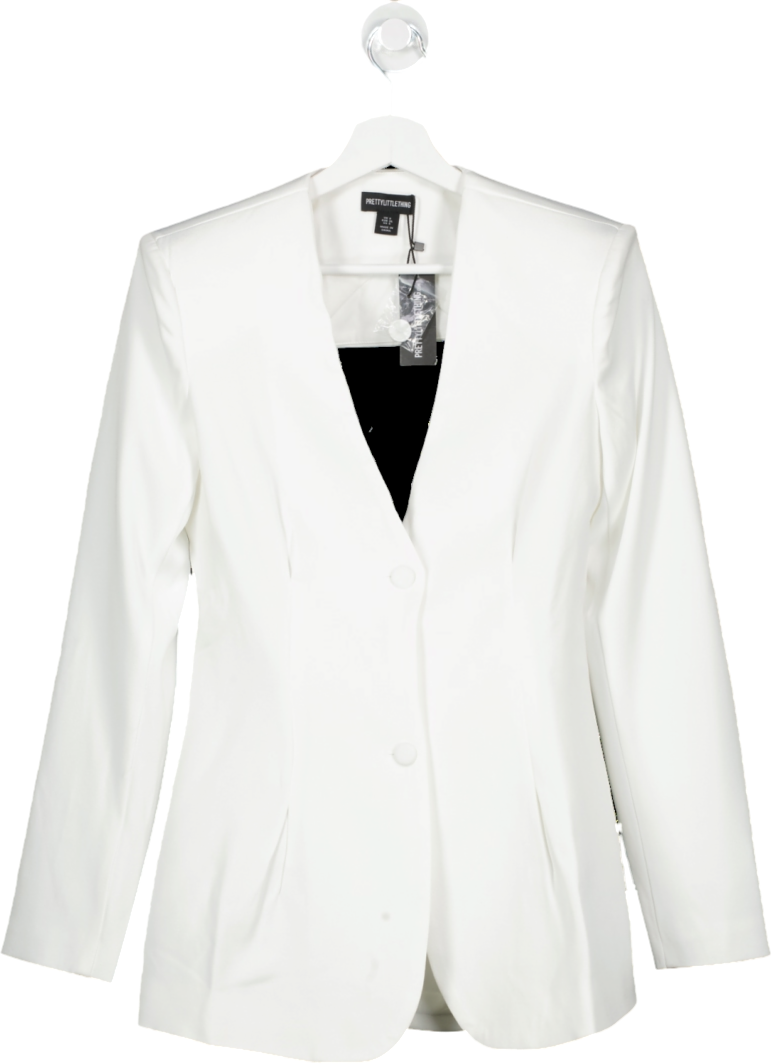 PrettyLittleThing White Woven Open Back Button Detail Clinched Blazer UK 8