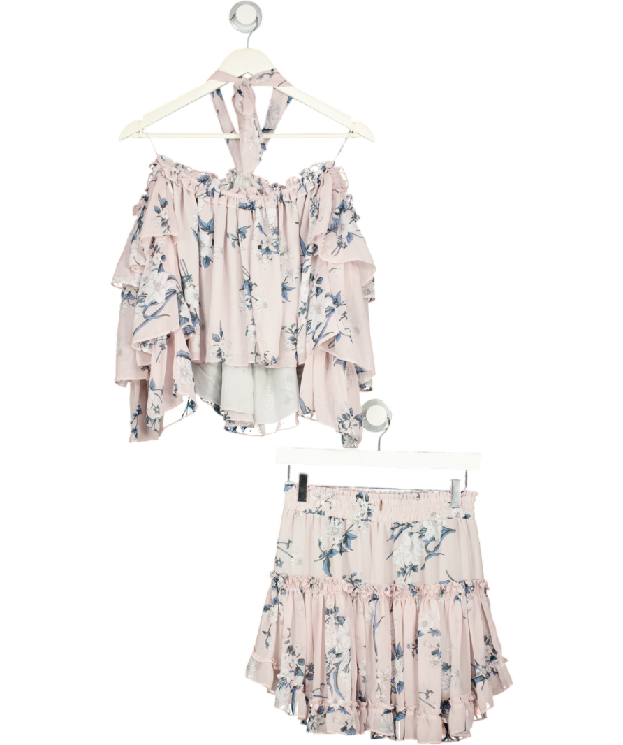 MISA Los Angeles Pale Pink Floral Mini Skirt And Top Set UK XS