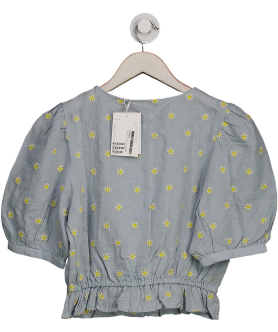 & Other Stories Blue Daisy Embroidered Cotton / Linen Blend Puff Sleeve Blouse UK 8