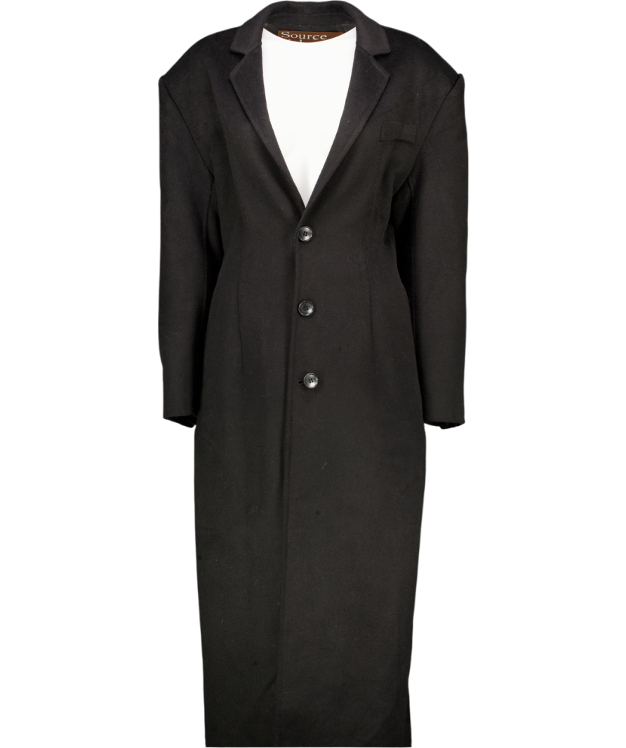 SOURCE UNKNOWN Black Wool Blend Long Coat With Padded Shoulders UK S/M