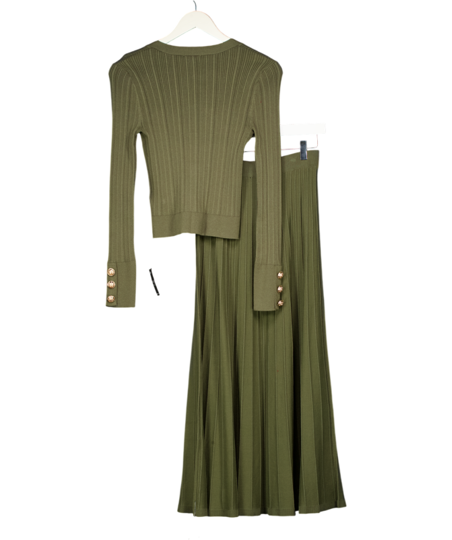 Karen Millen 2-piece Olive Green Military Rib Knit Georgette Sleeve Cardigan And Midi Skirt Set UK XS