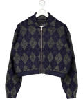 ZARA Navy / Grey Argyle Knit Bomber Jacket UK M
