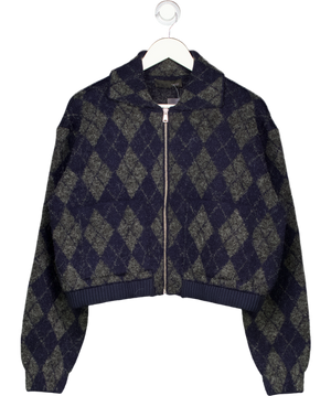 ZARA Navy / Grey Argyle Knit Bomber Jacket UK M