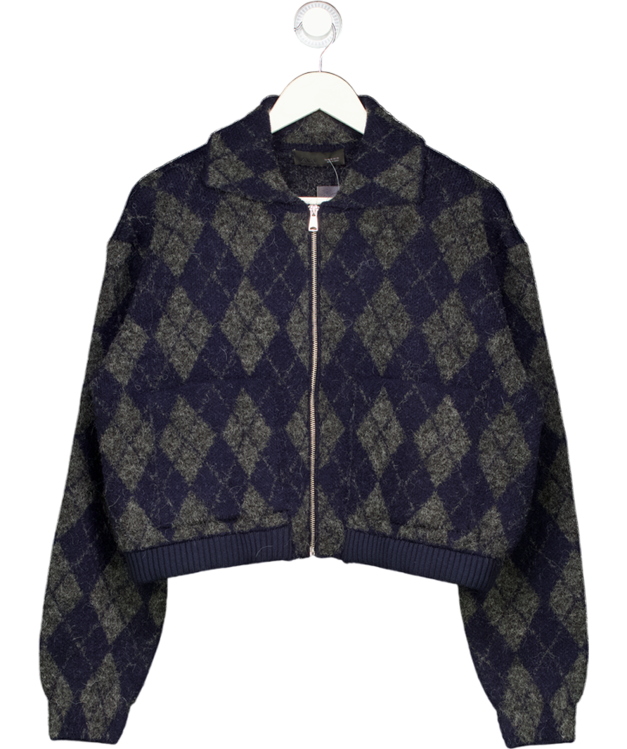 ZARA Navy / Grey Argyle Knit Bomber Jacket UK M
