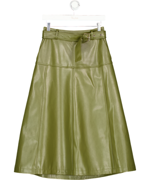 Karen Millen Khaki Green Faux Leather Belted Full Skirt UK 8