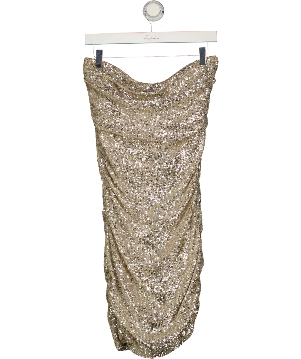 REEM ACRA Metallic Silver Sequin Ruche Strapless Mini Dress Us4 UK 8
