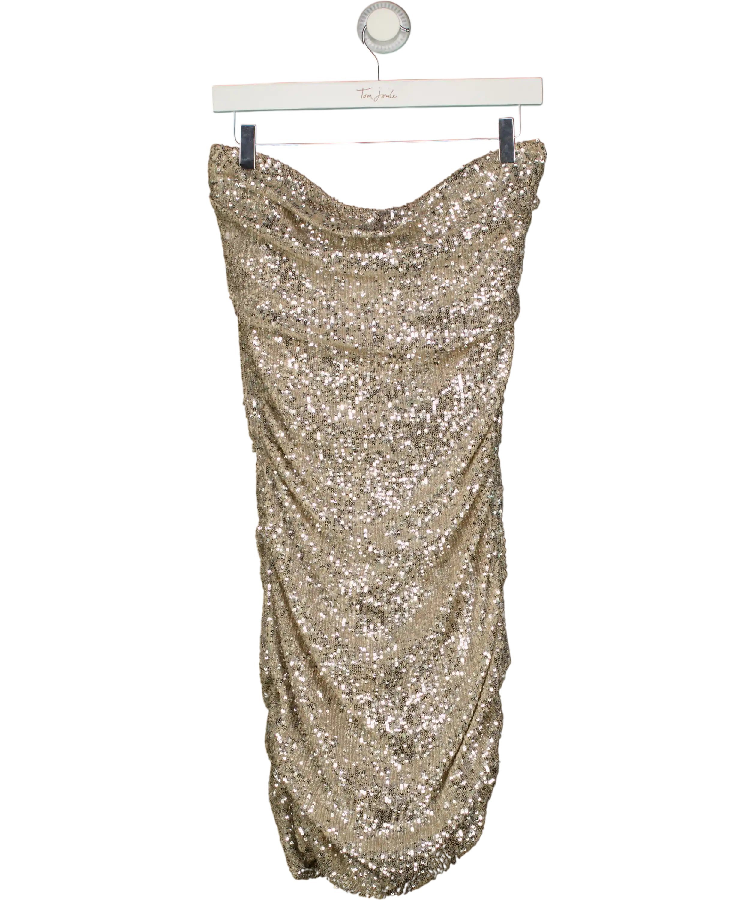 REEM ACRA Metallic Silver Sequin Ruche Strapless Mini Dress Us4 UK 8