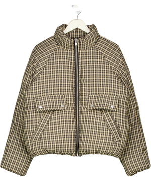 Topshop Micro Check Funnel Neck Puffer Jacket In Black & Beige UK S