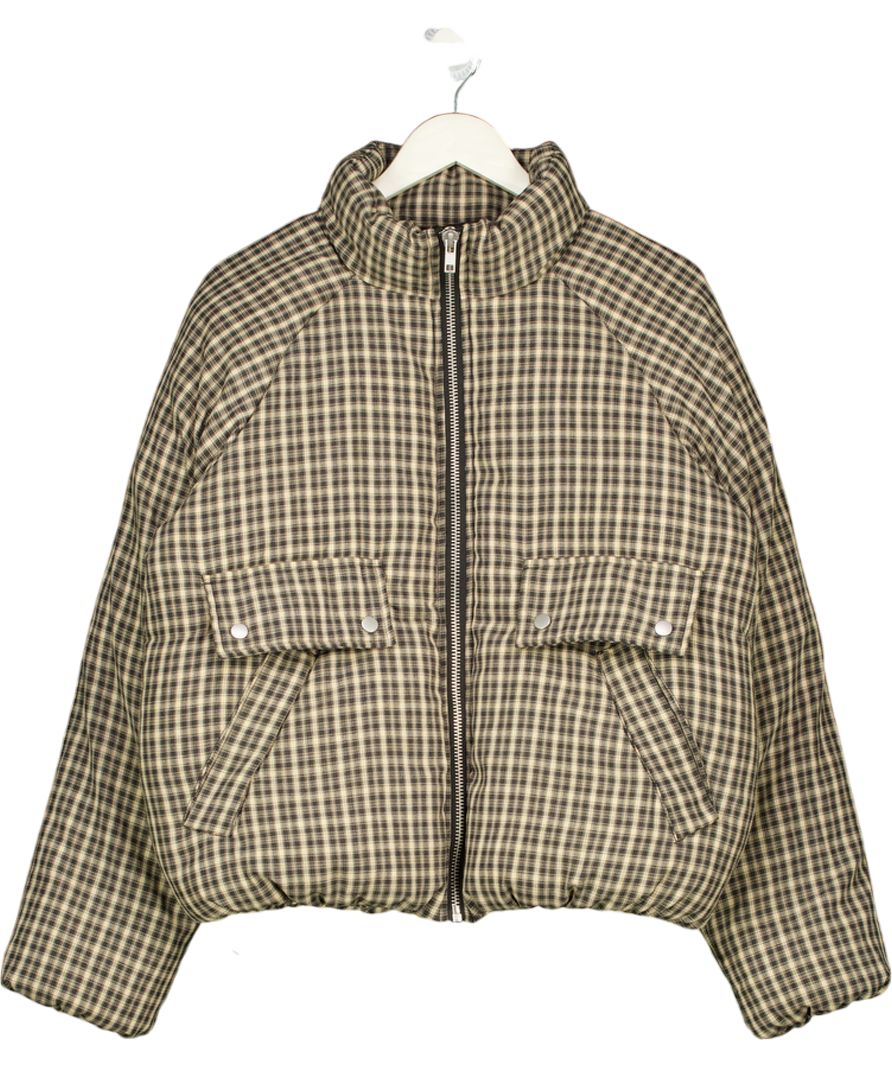 Topshop Micro Check Funnel Neck Puffer Jacket In Black & Beige UK S