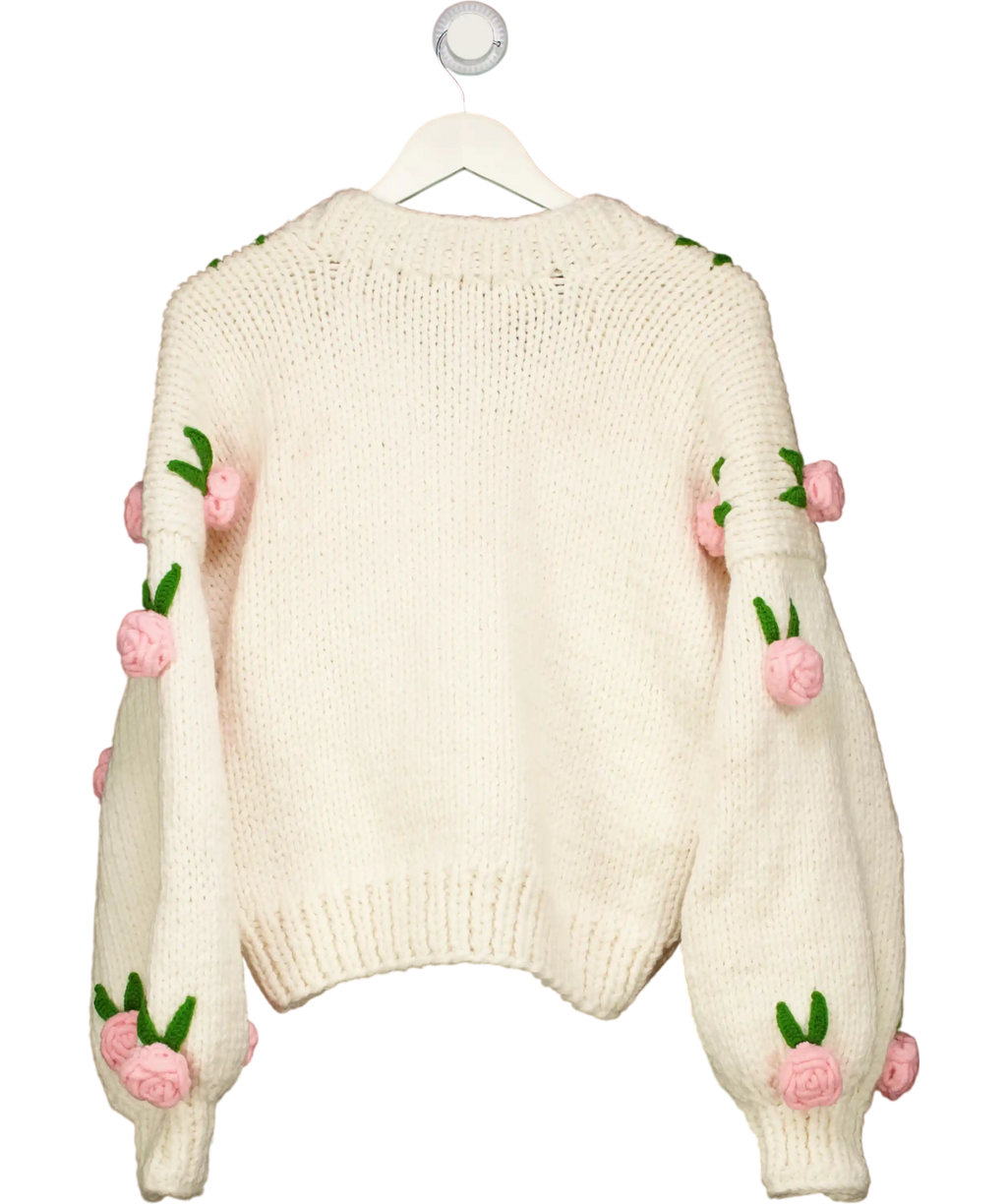 LEILA YCA Cream / Pink Roses Wool Blend Chunky Knit Cardigan  One Size