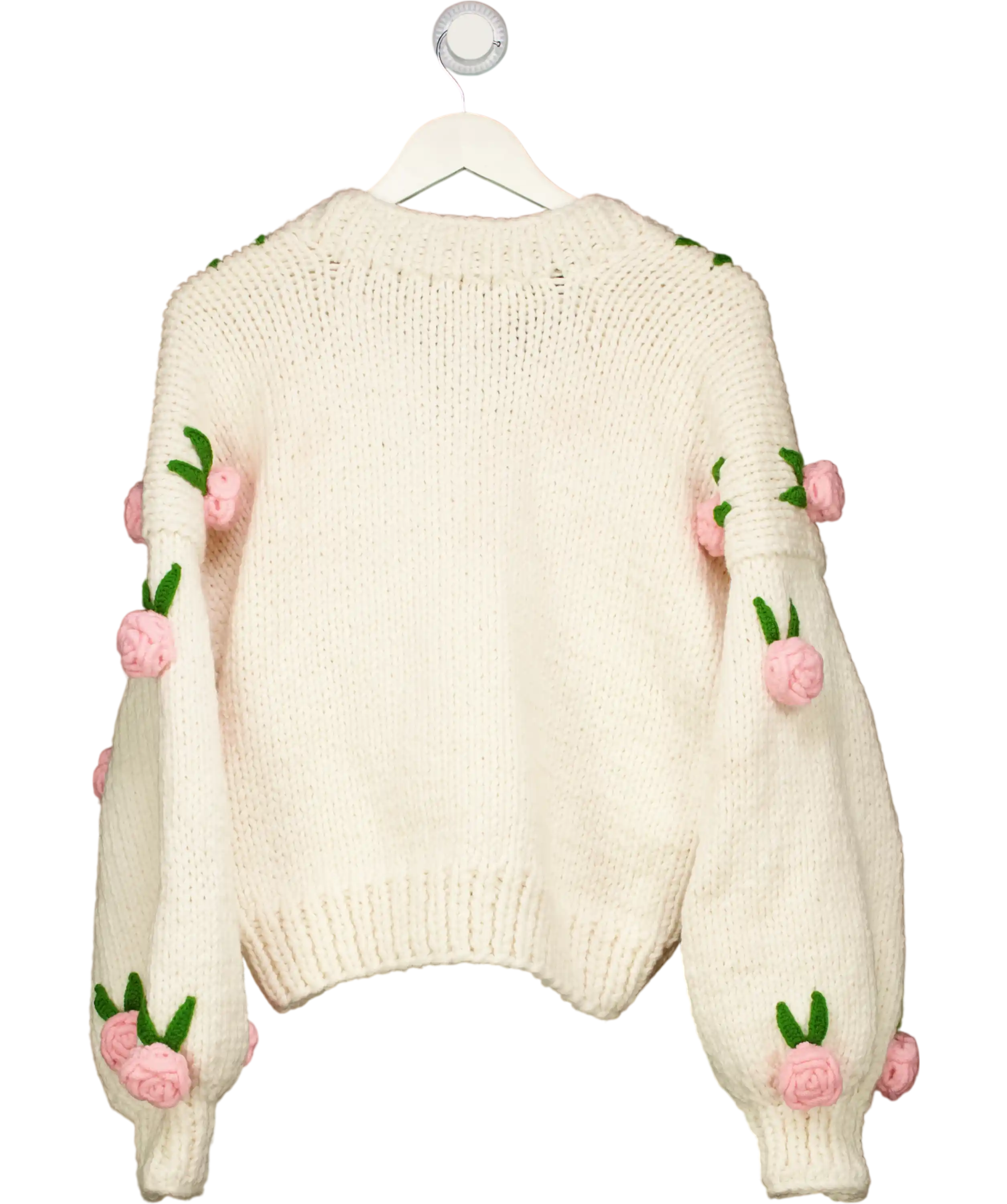 LEILA YCA Cream / Pink Roses Wool Blend Chunky Knit Cardigan  One Size