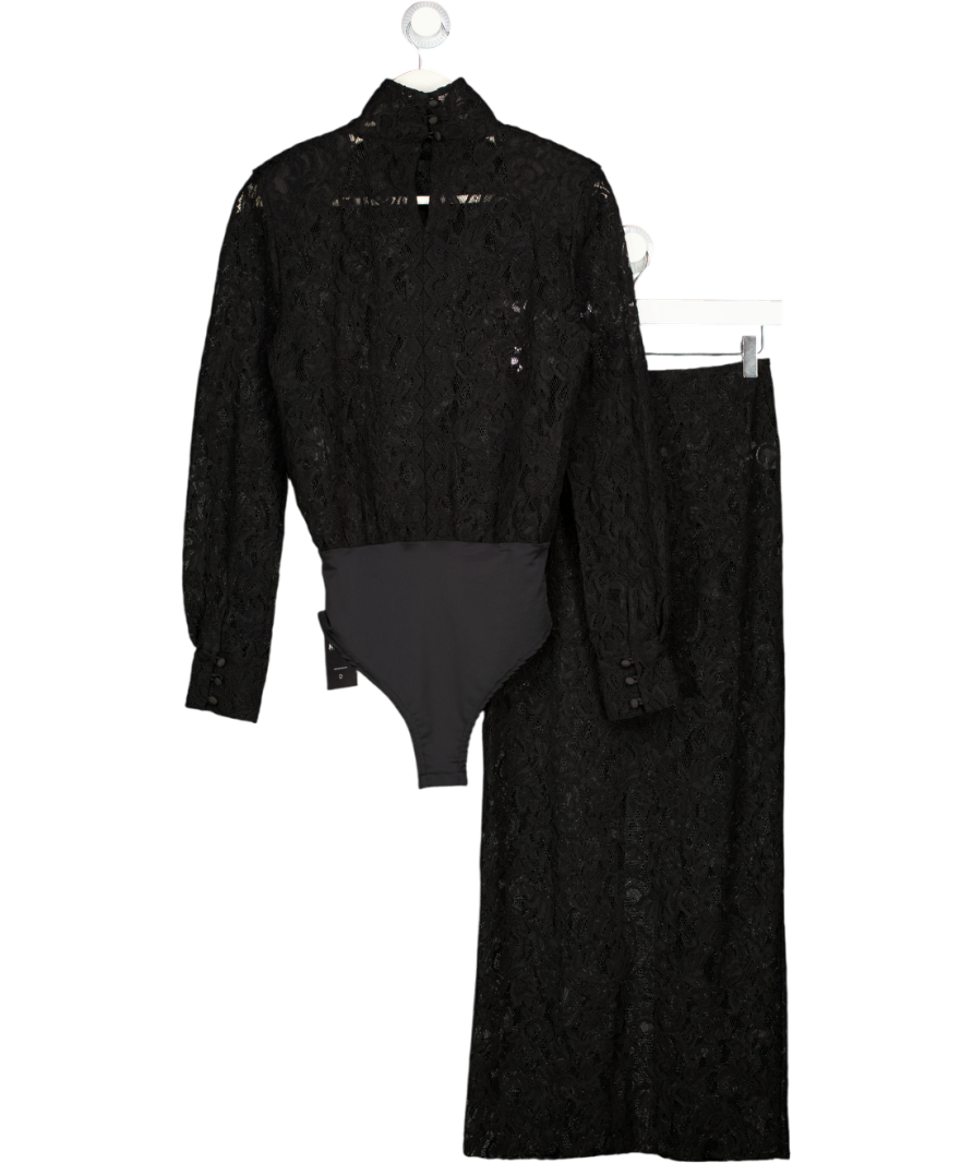 DE SAVARY LONDON Black Lace Bodysuit And Midi Skirt Set UK XS