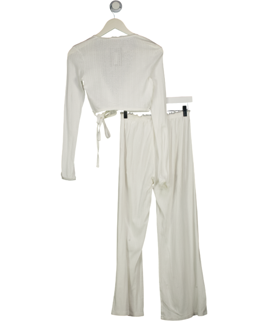 Oh Polly White 2-piece Pointelle Lou Top And Libby Straight Leg Pyjama Trousers UK S
