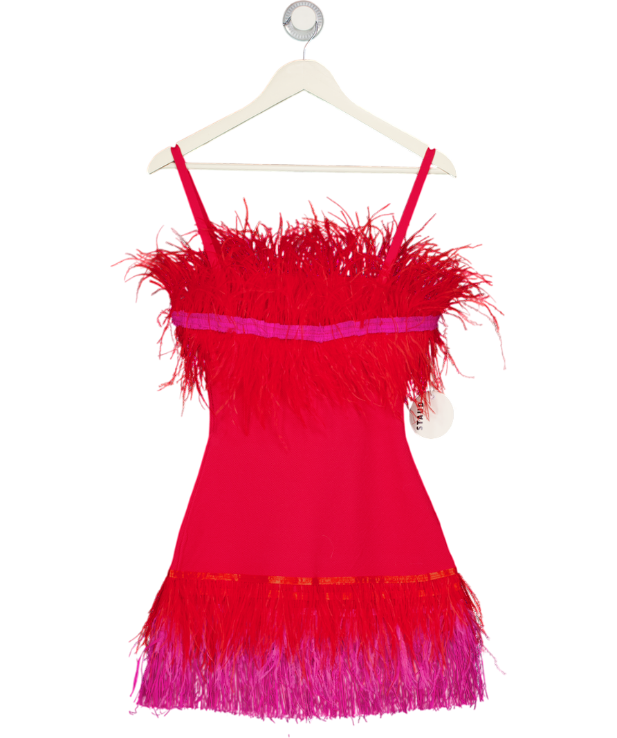 STAUD Red / Pink Etta Feather-trimmed Minidress UK XS