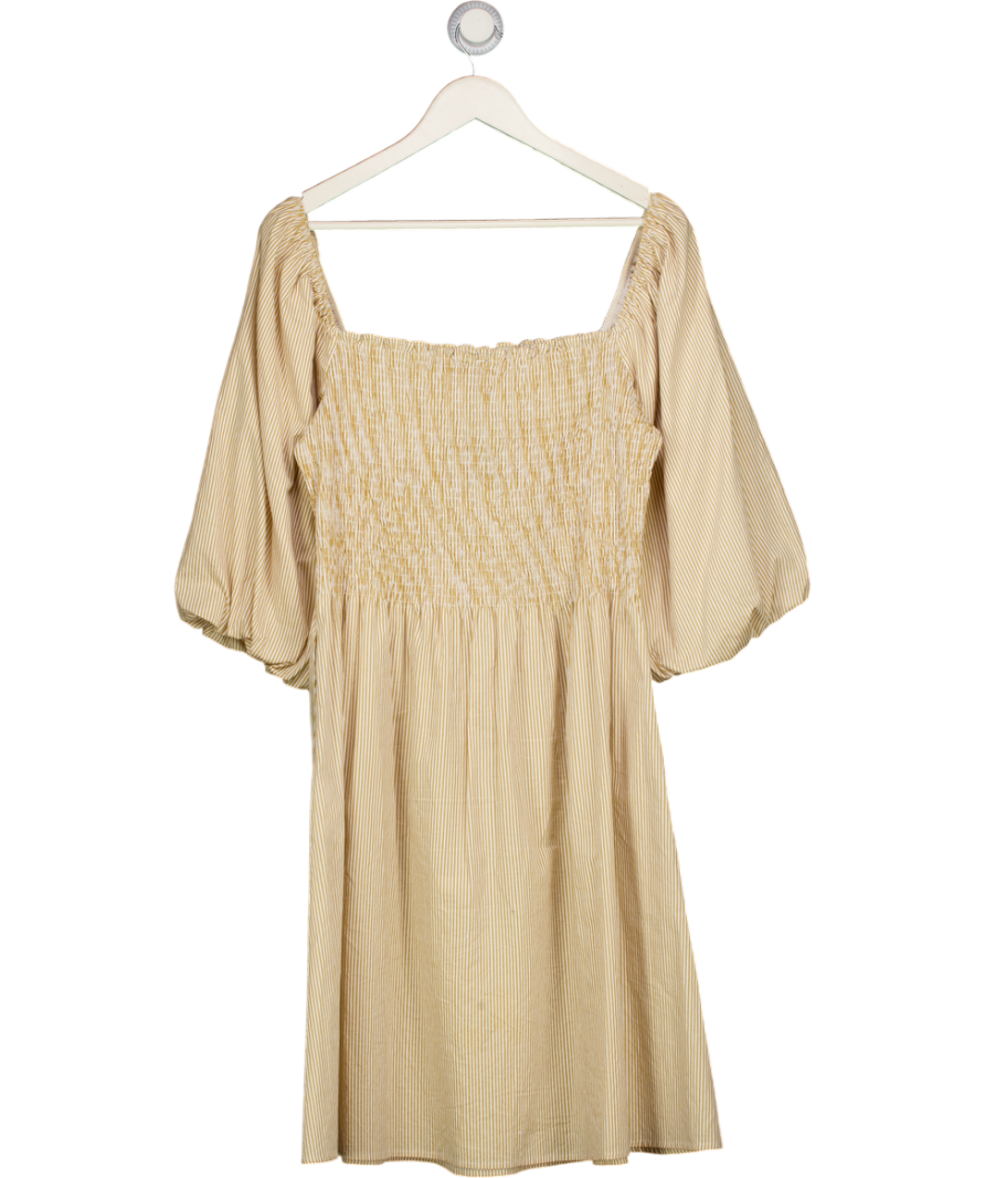 RESUME Beige Striped Puff Sleeve Shirred Bodice Mini Dress UK 10