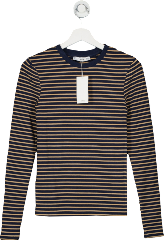 MANGO Navy Blue / Camel Striped Cotton Long Sleeve T-shirt BNWT UK S