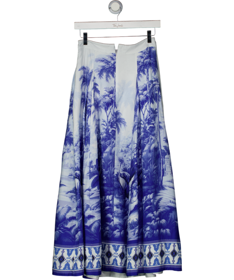 Karen Millen White / Blue Viscose Linen Scenic Print With Top Stitch Woven Maxi Skirt UK 6