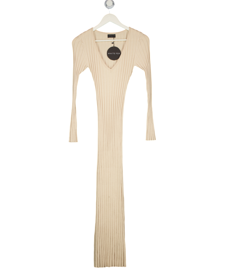 WHITE FOX Beige Ribbed Knit Long Sleeve Maxi Dress UK XXS