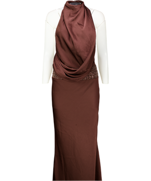 Babyboo Chocolate Brown High Neck Backless Beaded Maxi Dress UK XS